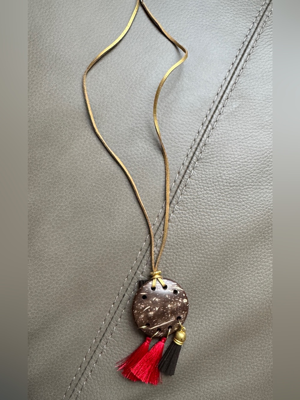 Boho Coconut Shell Pendant Necklace with Red & Black Tassels